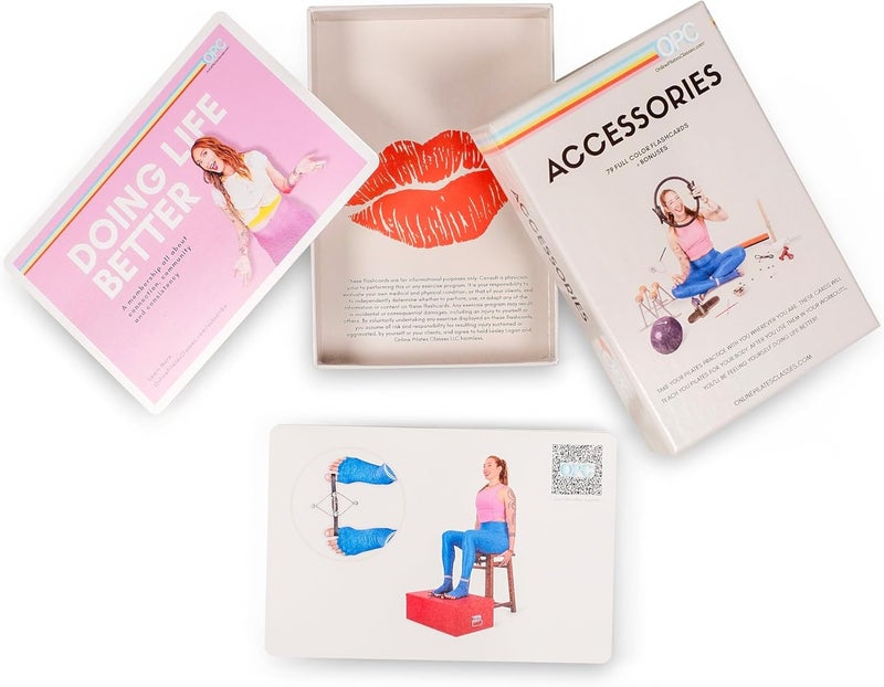 OnlinePilatesClasses.com OnlinePilatesClasses Pilates Accessories Flashcards, 79 All-Levels Illustrated Cards Deck Set, Low Impact Home Fitness Workouts Guide with Postures & Routines, Workout Planner with Tips and Videos - Image 2